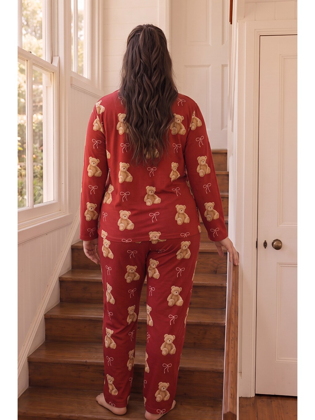 Kırmızı Desenli Termal Kumaşlı Ultra Soft Yumuşak Büyük Beden Battal Boy Düğmeli Örme Pijama Takımı-2