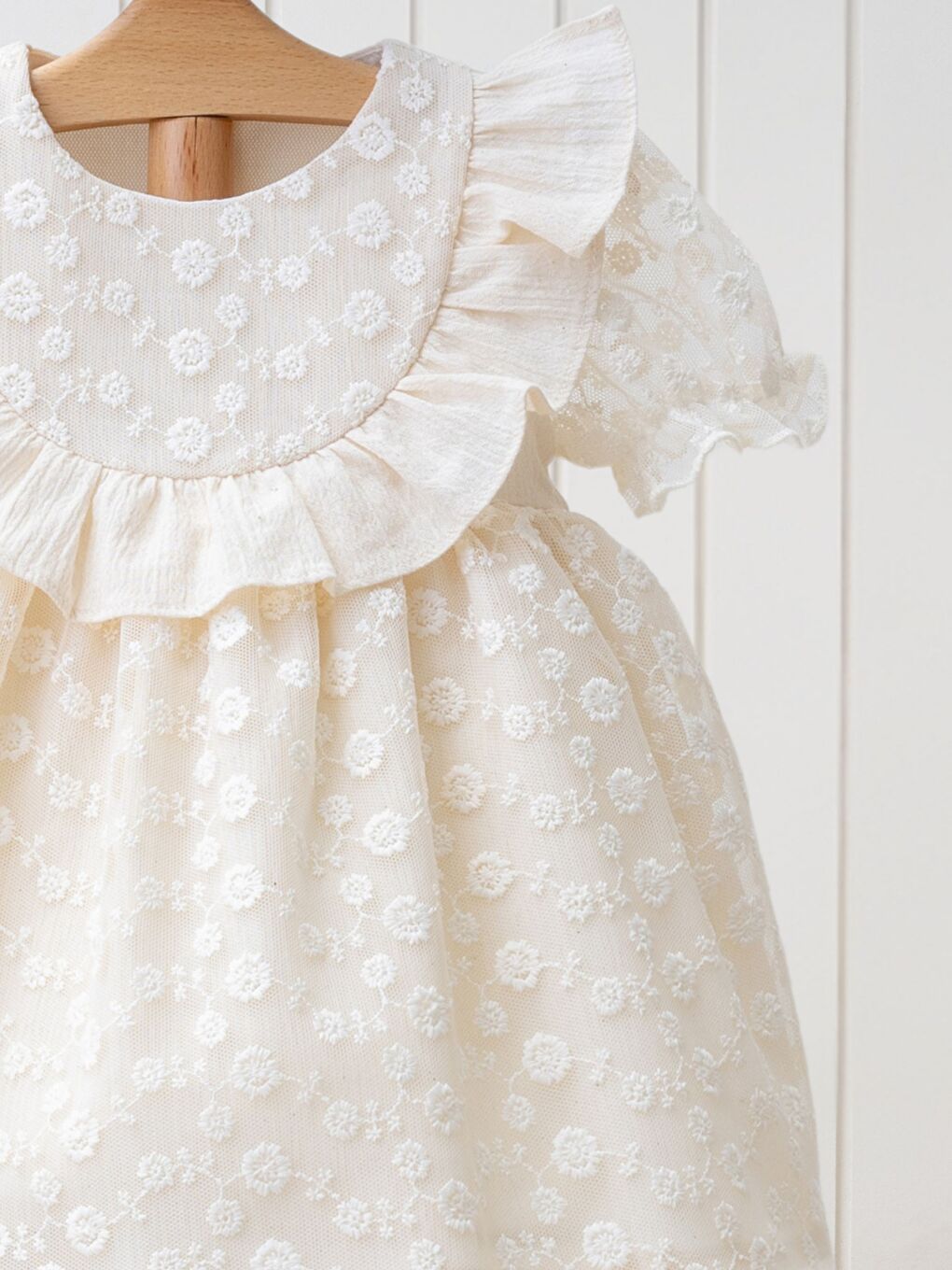 Bej Bisiklet Yaka Kısa Kollu Kız Bebek Elbise-2