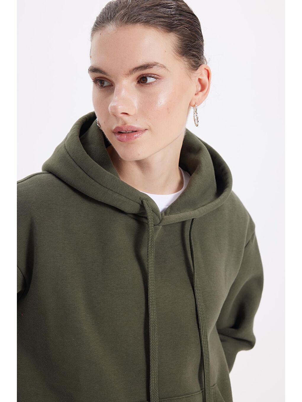 Kadın Oversize Geniş Kesim Pamuklu Yumuşak Dokulu İçi Polarlı Basic Yeşil Kapüşonlu Sweatshirt-4