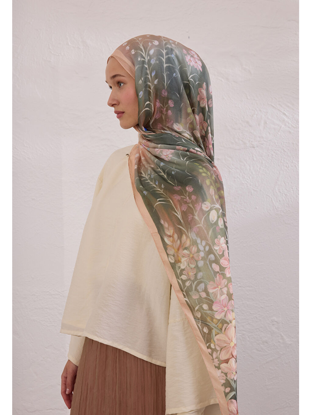 Pembe Wısterıa Desen Rami Şal Somon-2