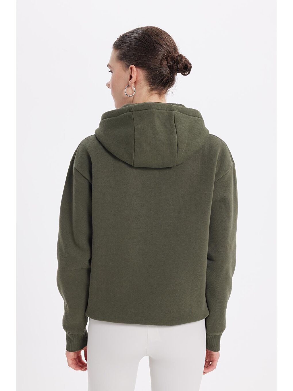 Kadın Oversize Geniş Kesim Pamuklu Yumuşak Dokulu İçi Polarlı Basic Yeşil Kapüşonlu Sweatshirt-6