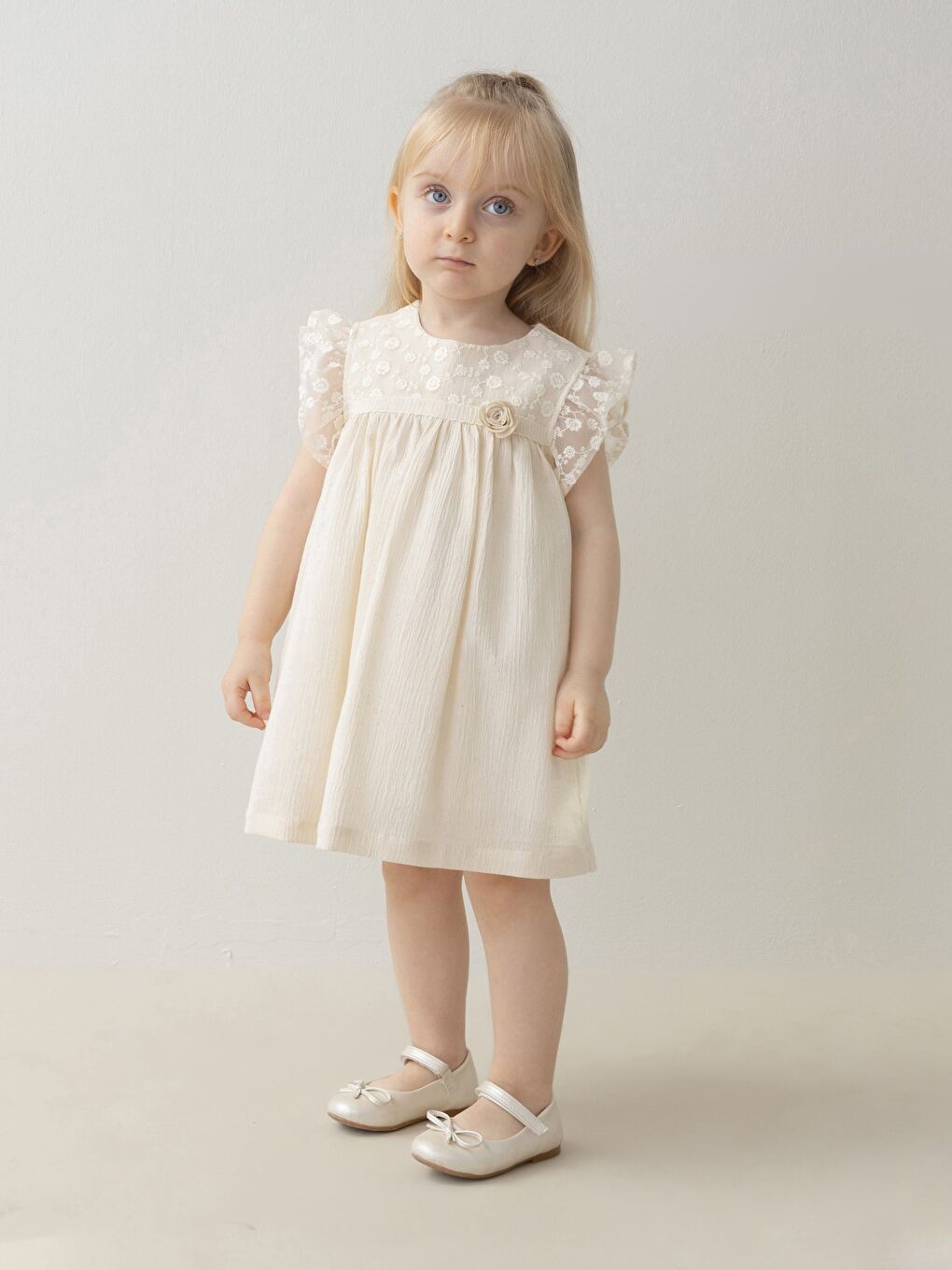 Bej Bisiklet Yaka Kısa Kollu Kız Bebek Elbise