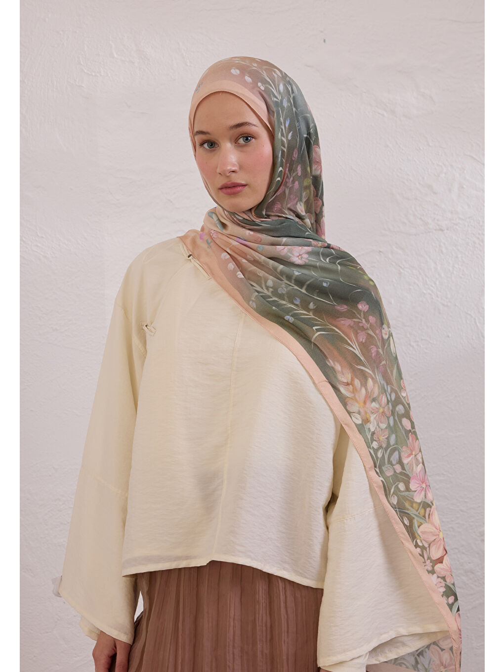 Pembe Wısterıa Desen Rami Şal Somon-3