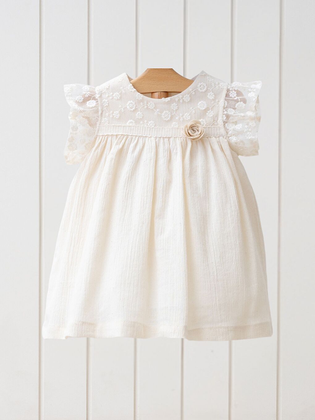 Bej Bisiklet Yaka Kısa Kollu Kız Bebek Elbise-1