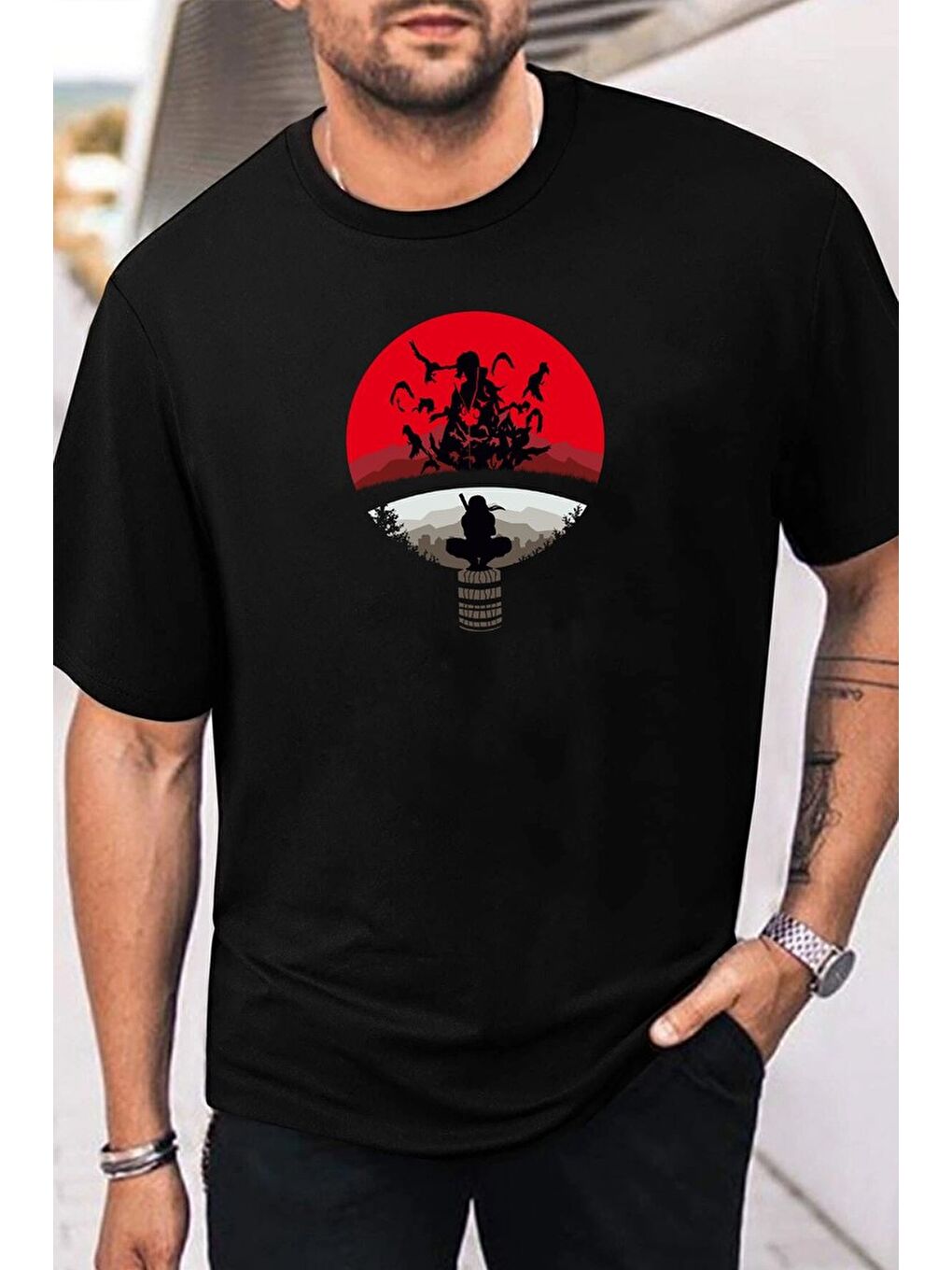 uyguntarz Siyah Unisex Itachi Uchiha Baskılı T-shirt