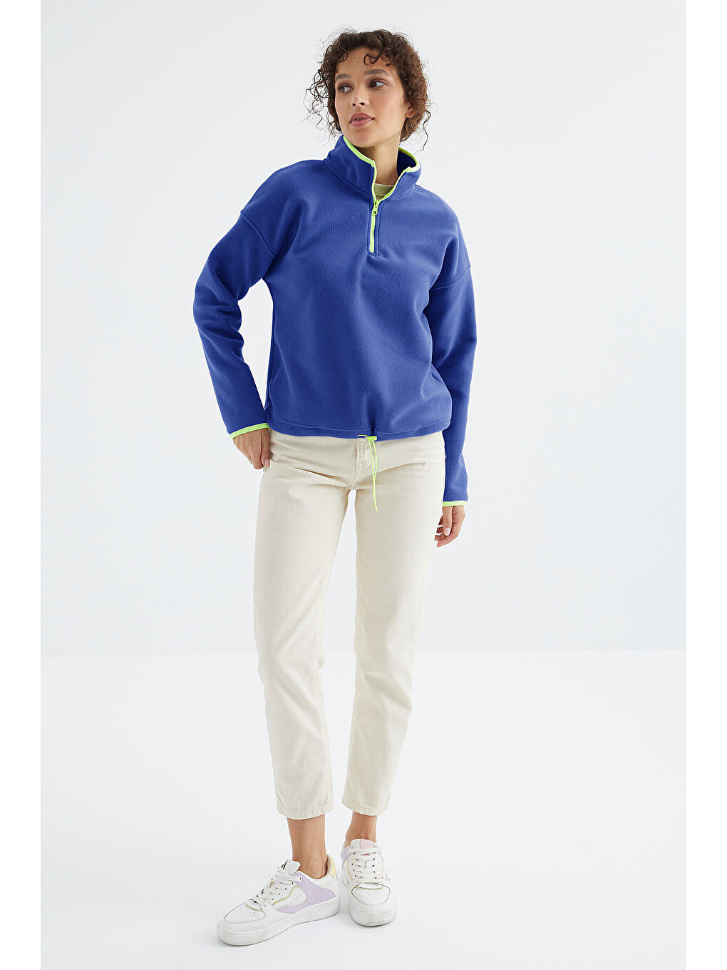 Mavi Saks Yarım Fermuar Etek Ucu Büzgülü Dik Yaka Standart Kalıp Kadın Polar Sweatshirt - 97234-1