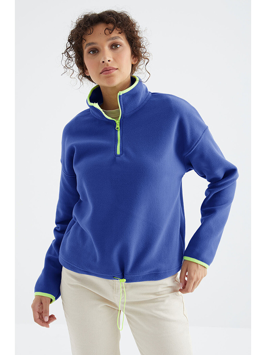 Mavi Saks Yarım Fermuar Etek Ucu Büzgülü Dik Yaka Standart Kalıp Kadın Polar Sweatshirt - 97234-2