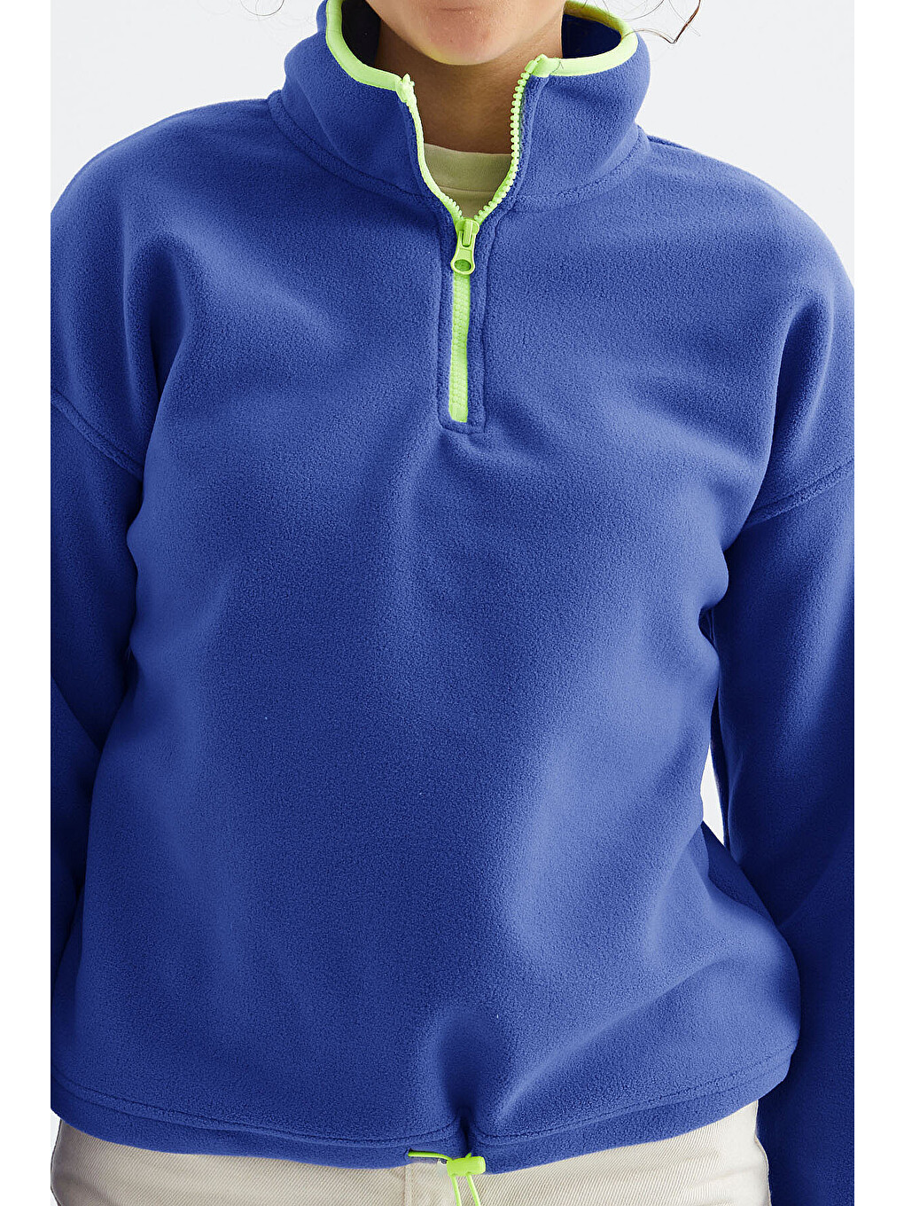 Mavi Saks Yarım Fermuar Etek Ucu Büzgülü Dik Yaka Standart Kalıp Kadın Polar Sweatshirt - 97234-3