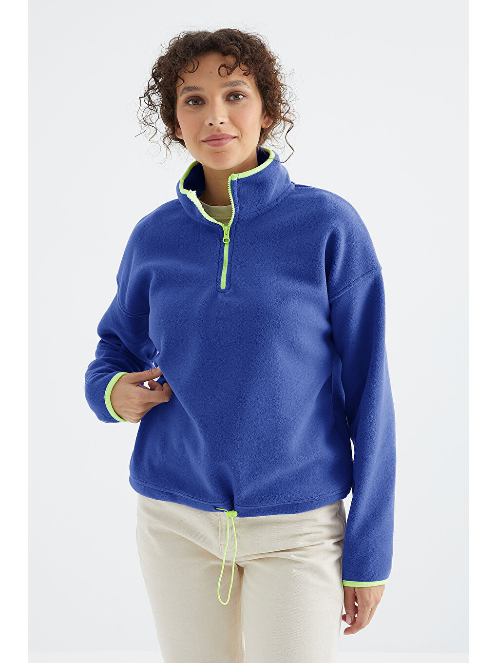 Mavi Saks Yarım Fermuar Etek Ucu Büzgülü Dik Yaka Standart Kalıp Kadın Polar Sweatshirt - 97234-4