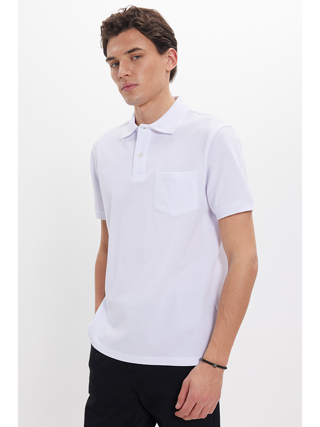 Erkek Regular Fit Klasik Kesim %100 Pamuk Düz Pike Beyaz Polo Yaka Tişört-6