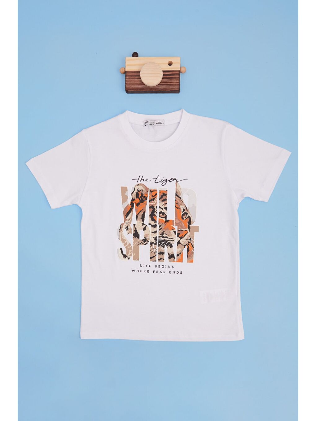 Beyaz Kaplan Baskılı Bisiklet Yaka Erkek Çocuk Tişört