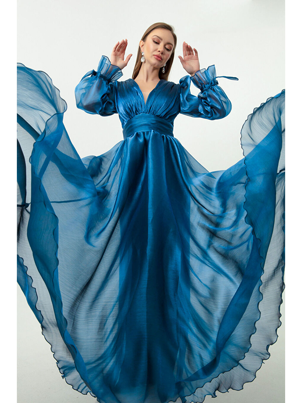 Kadın İndigo Balon Kol V Yaka Uzun Abiye Elbise-2