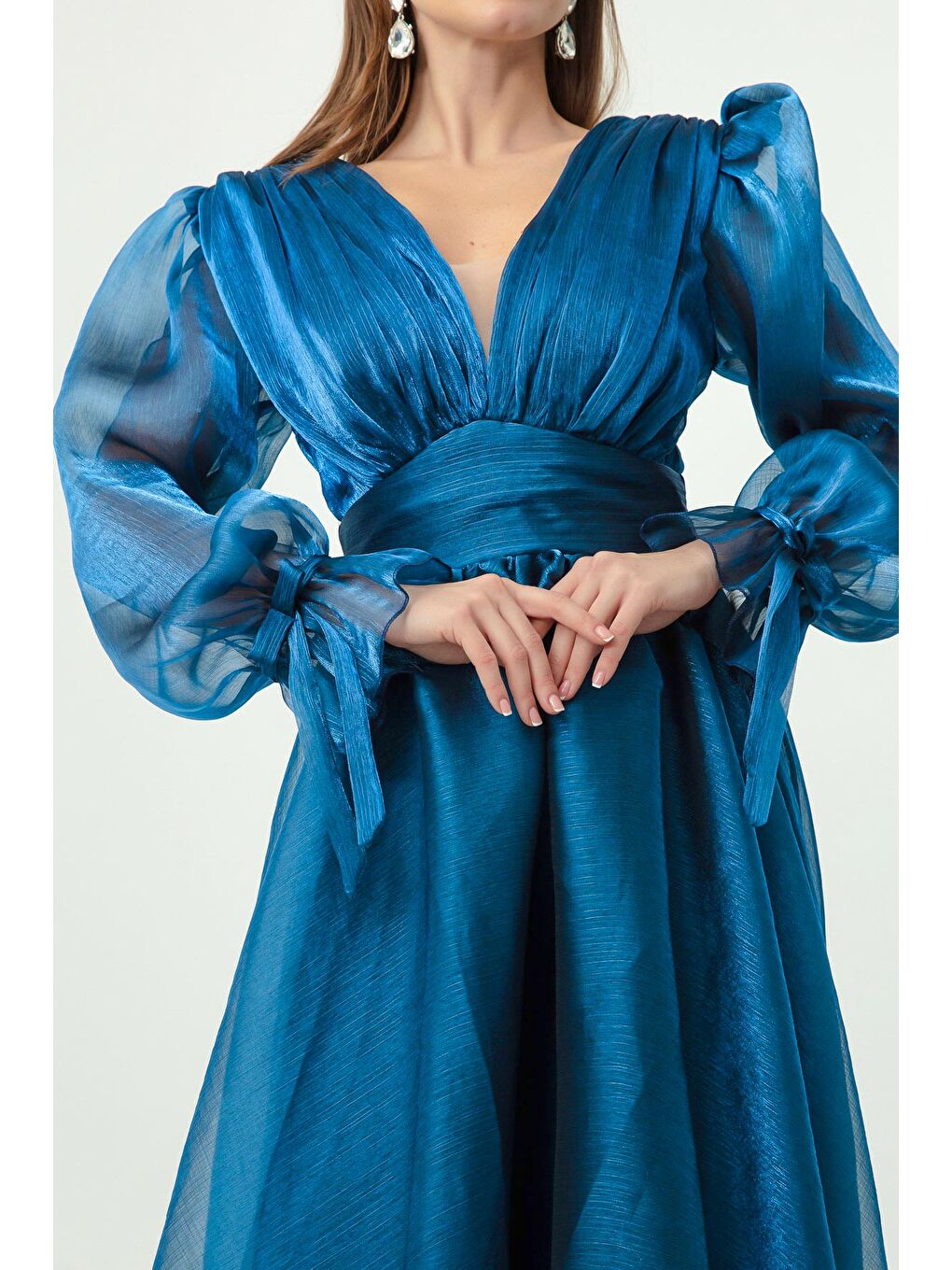 Kadın İndigo Balon Kol V Yaka Uzun Abiye Elbise-3