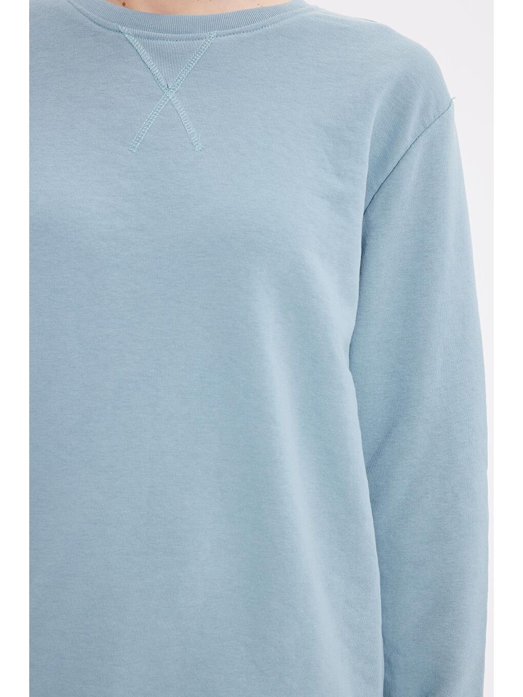 Kadın Oversize Geniş Kesim %100 Pamuk 3 İplik Basic Bisiklet Yaka Mavi Sweatshirt-2