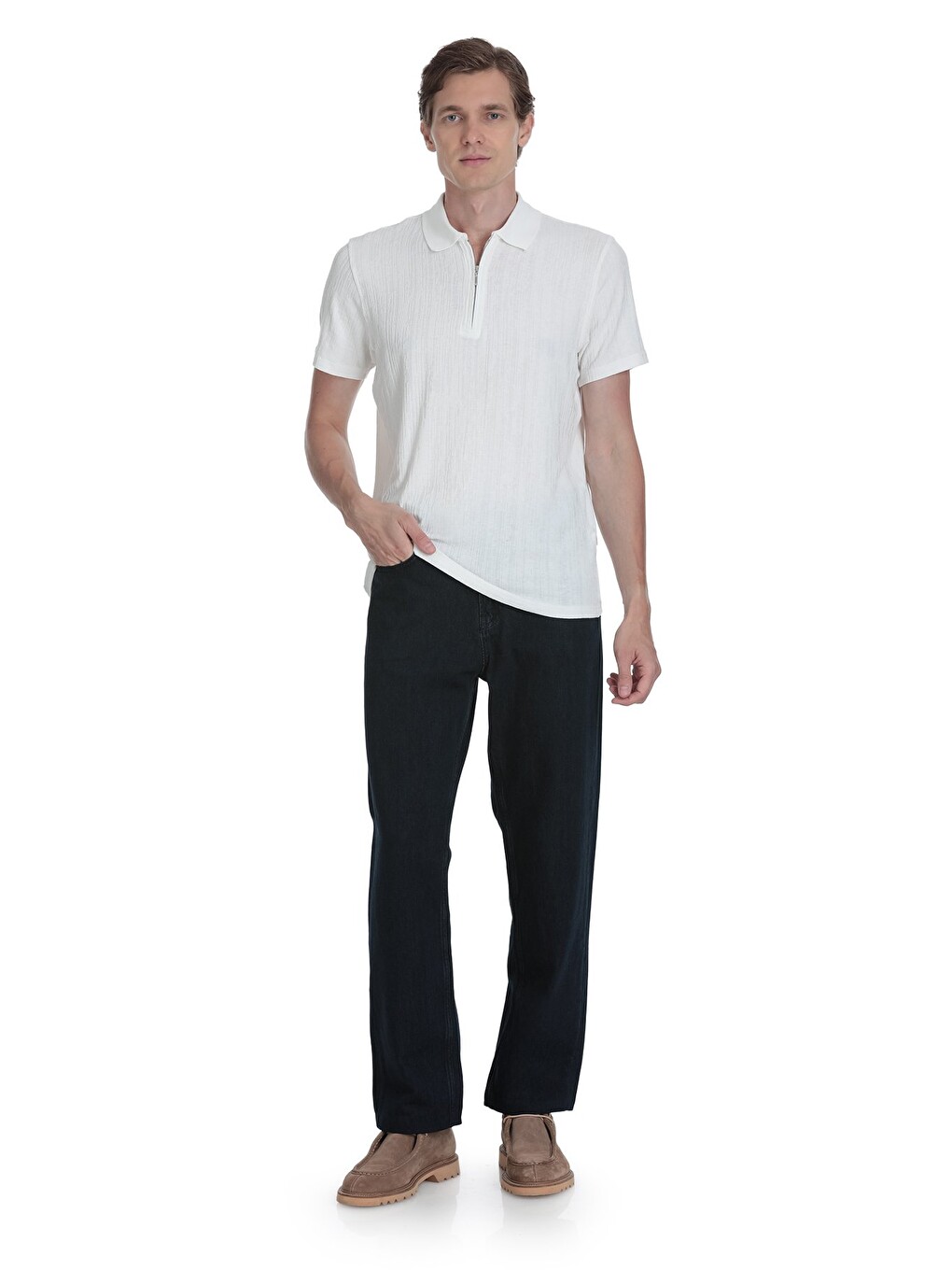 Beyaz Regular Fit Fermuarlı Polo Yaka Tişört-1