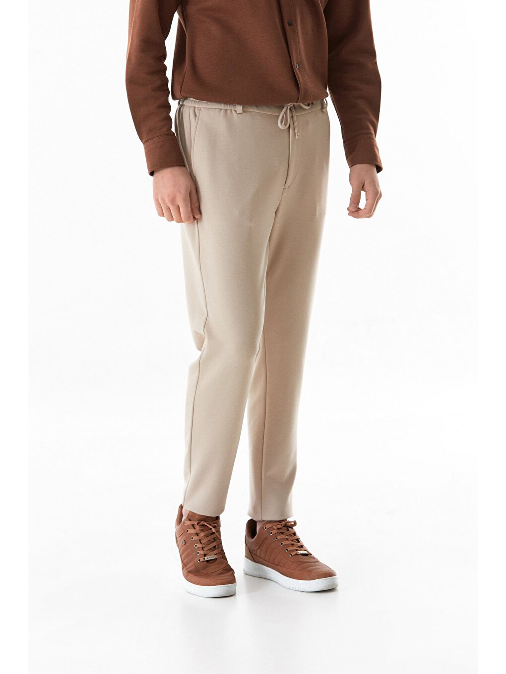 Bej Beli Lastikli Düğmeli Straight Erkek Pantolon-3