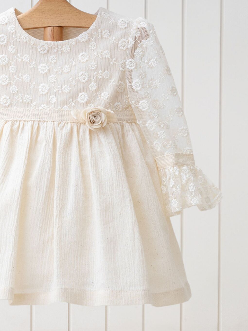 Bej Bisiklet Yaka Uzun Kollu Kız Bebek Elbise-2