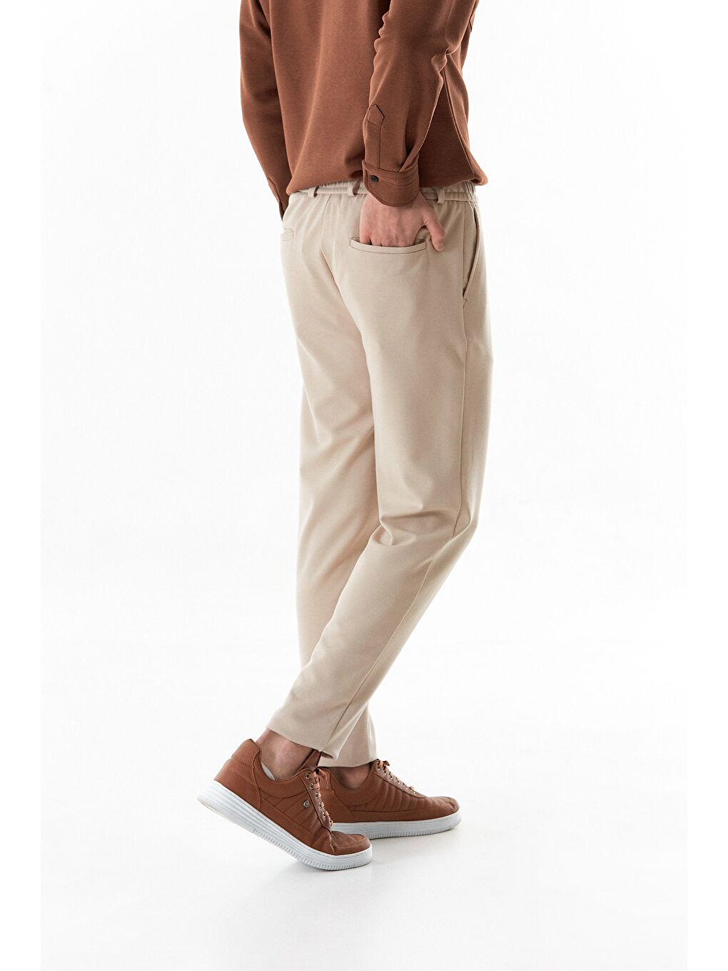 Bej Beli Lastikli Düğmeli Straight Erkek Pantolon-4
