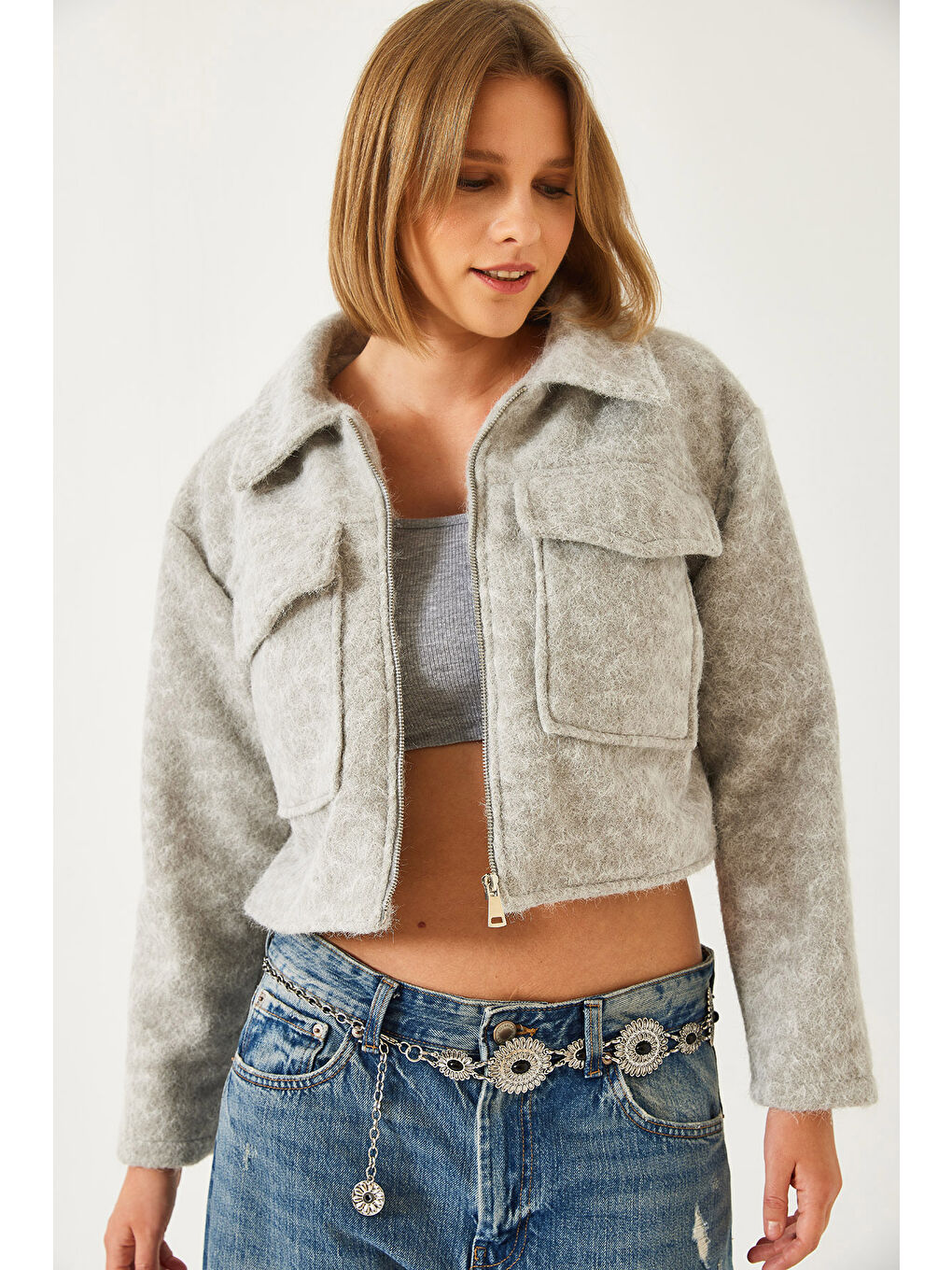 Gri Kadın Çift Cepli Crop Kaşe Ceket