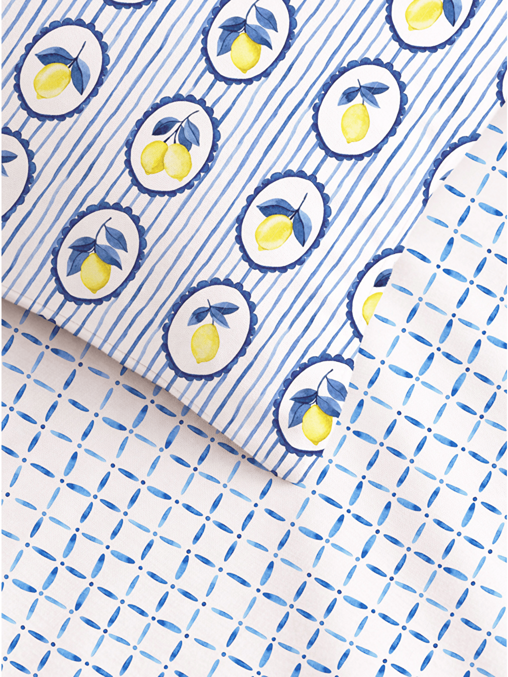 Tek Kişilik Pamuklu Mavi Beyaz Çizgili Limon Desenli Nevresim Takımı 160x220 cm (Çarşafsız-2