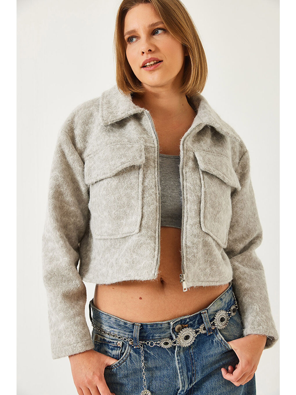 Gri Kadın Çift Cepli Crop Kaşe Ceket-1