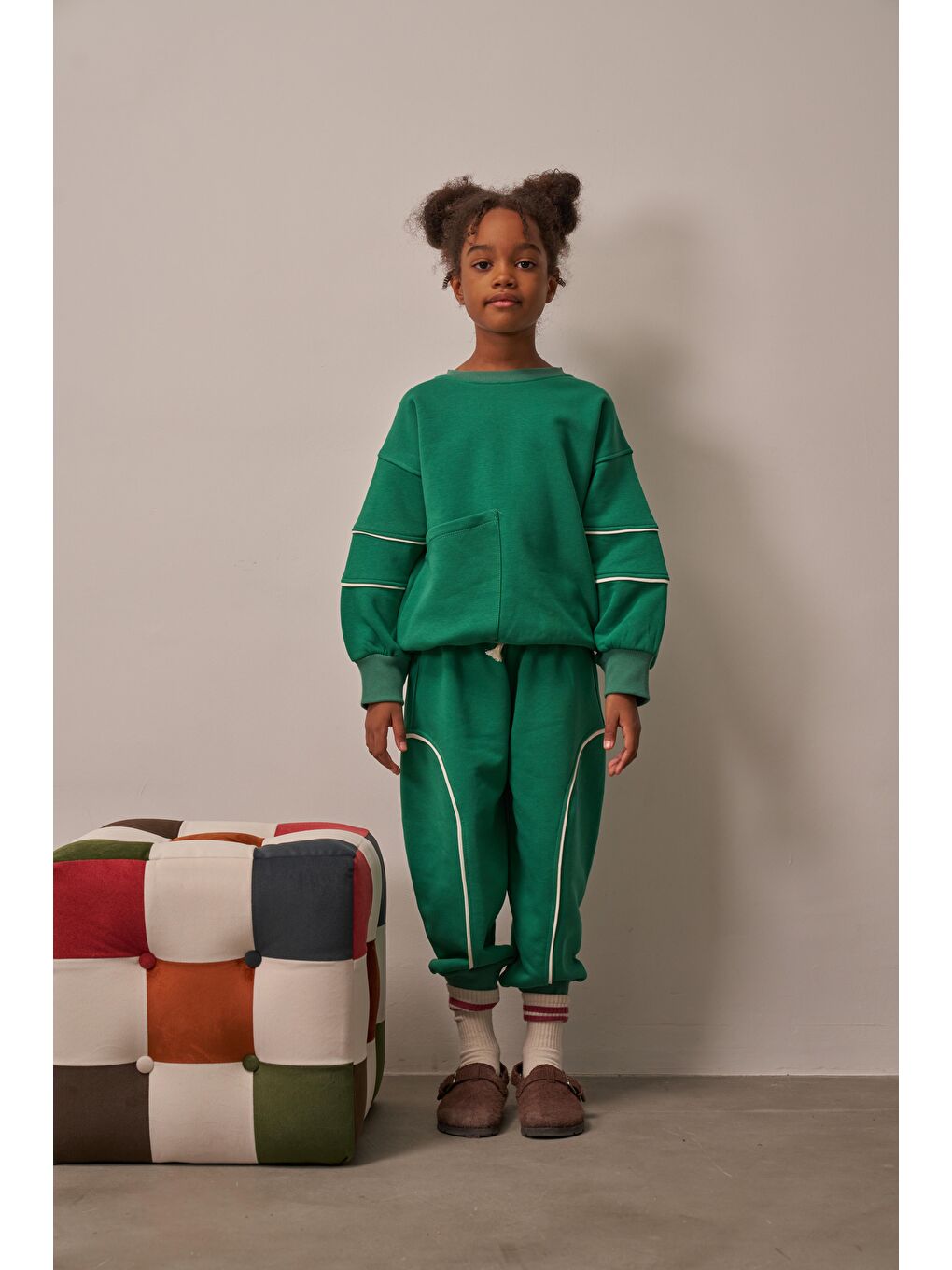 Yeşil Asimetrik Cep Detaylı Oversize Çocuk Alt Üst Takım-1