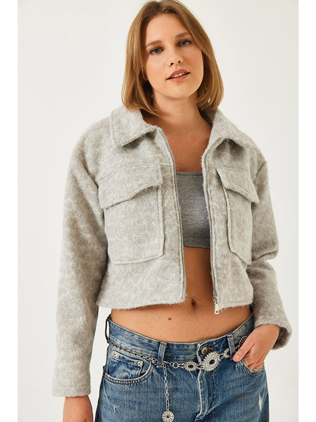 Gri Kadın Çift Cepli Crop Kaşe Ceket-2