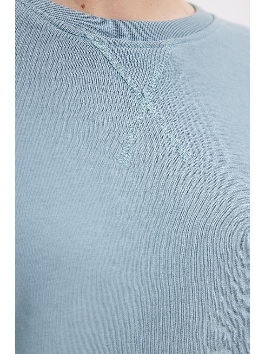 Kadın Oversize Geniş Kesim %100 Pamuk 3 İplik Basic Bisiklet Yaka Mavi Sweatshirt-5