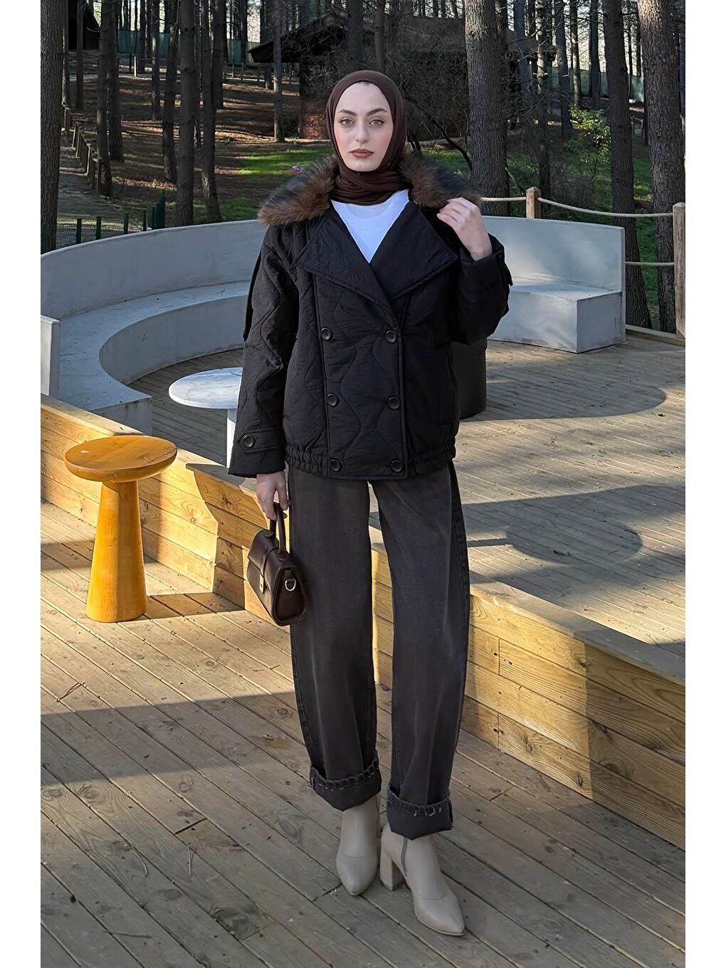 Kürk Yaka Düğmeli Mont Siyah