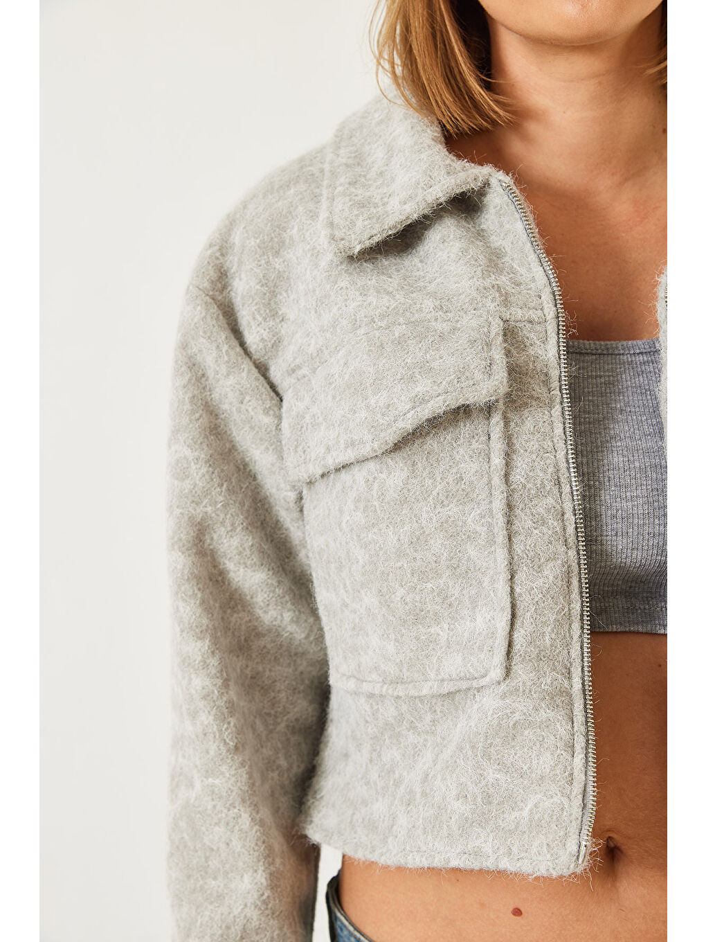 Gri Kadın Çift Cepli Crop Kaşe Ceket-4