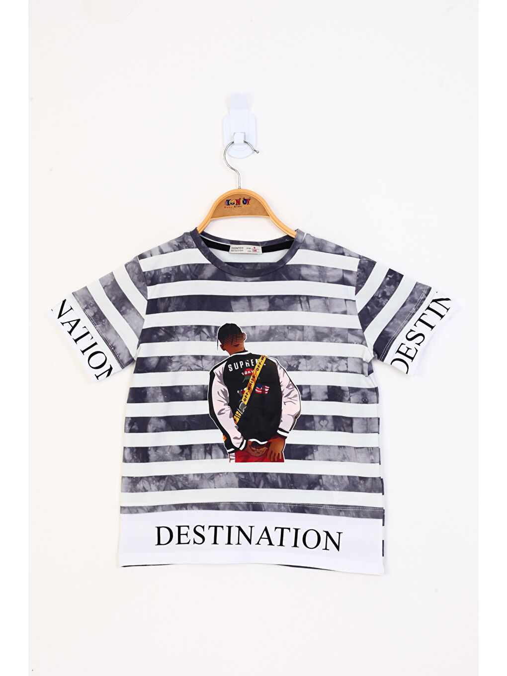 Gri Erkek Çocuk Komple Çizgi Desenli Baskılı Tişört