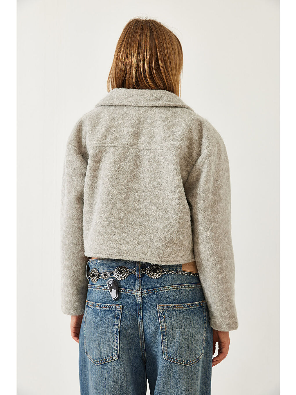 Gri Kadın Çift Cepli Crop Kaşe Ceket-5