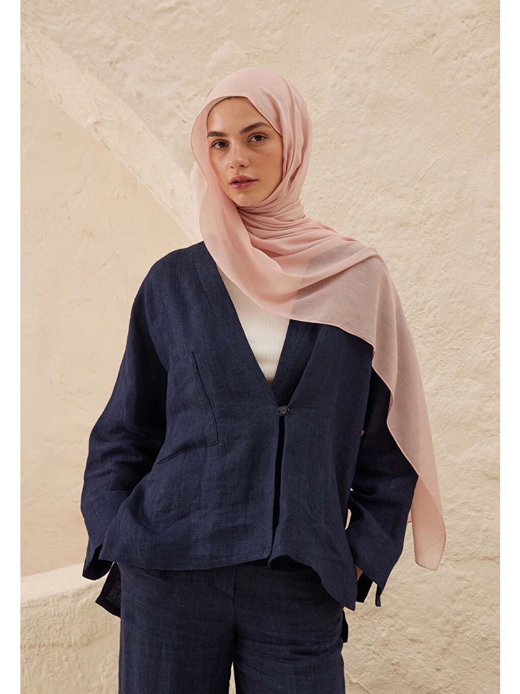 Pembe Rami Viskon Şal Pudra-1