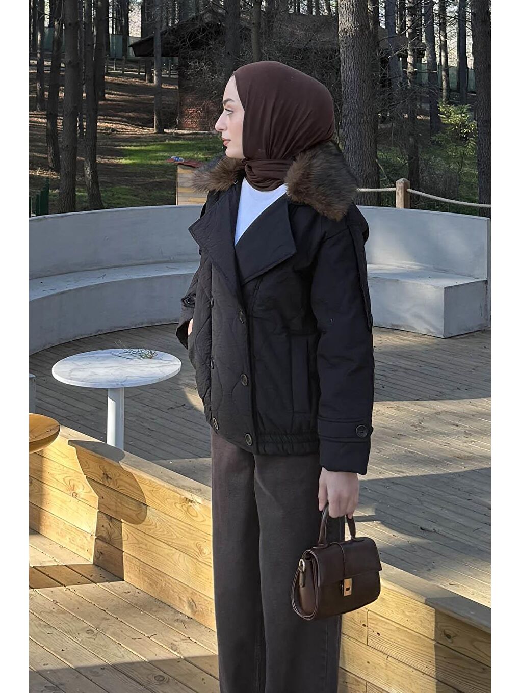 Kürk Yaka Düğmeli Mont Siyah-1