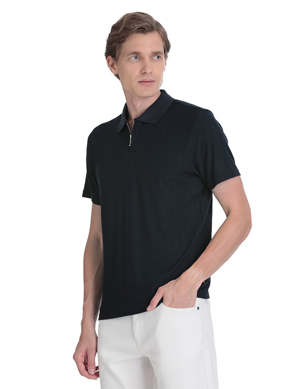 Lacivert Regular Fit Fermuarlı Polo Yaka Tişört-2
