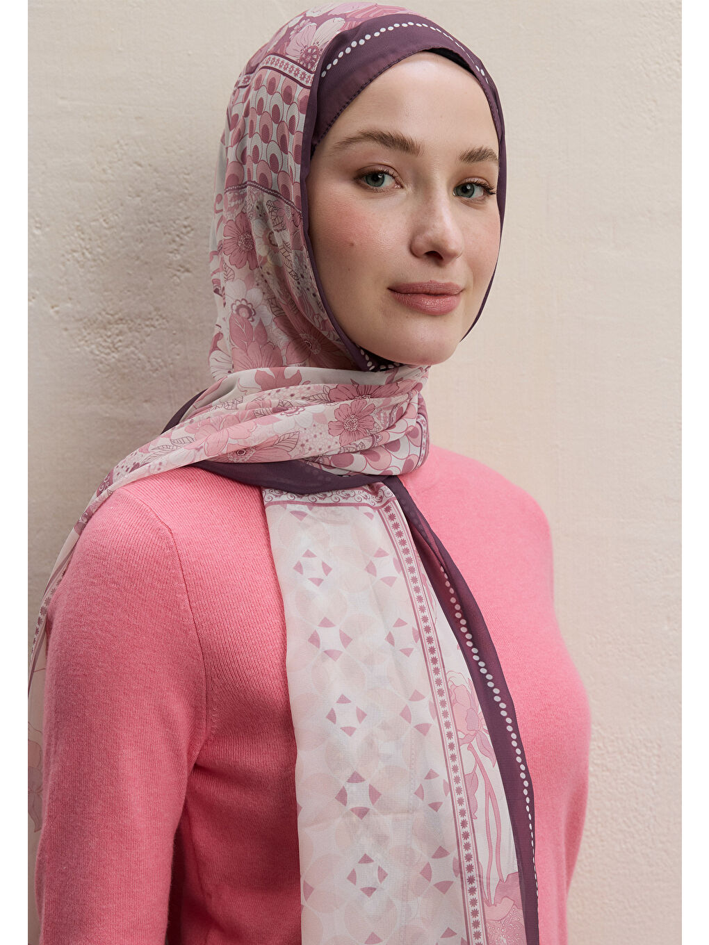 Pembe Wıld Botanıcal Desen İpek Krep Şal Gülkurusu-2