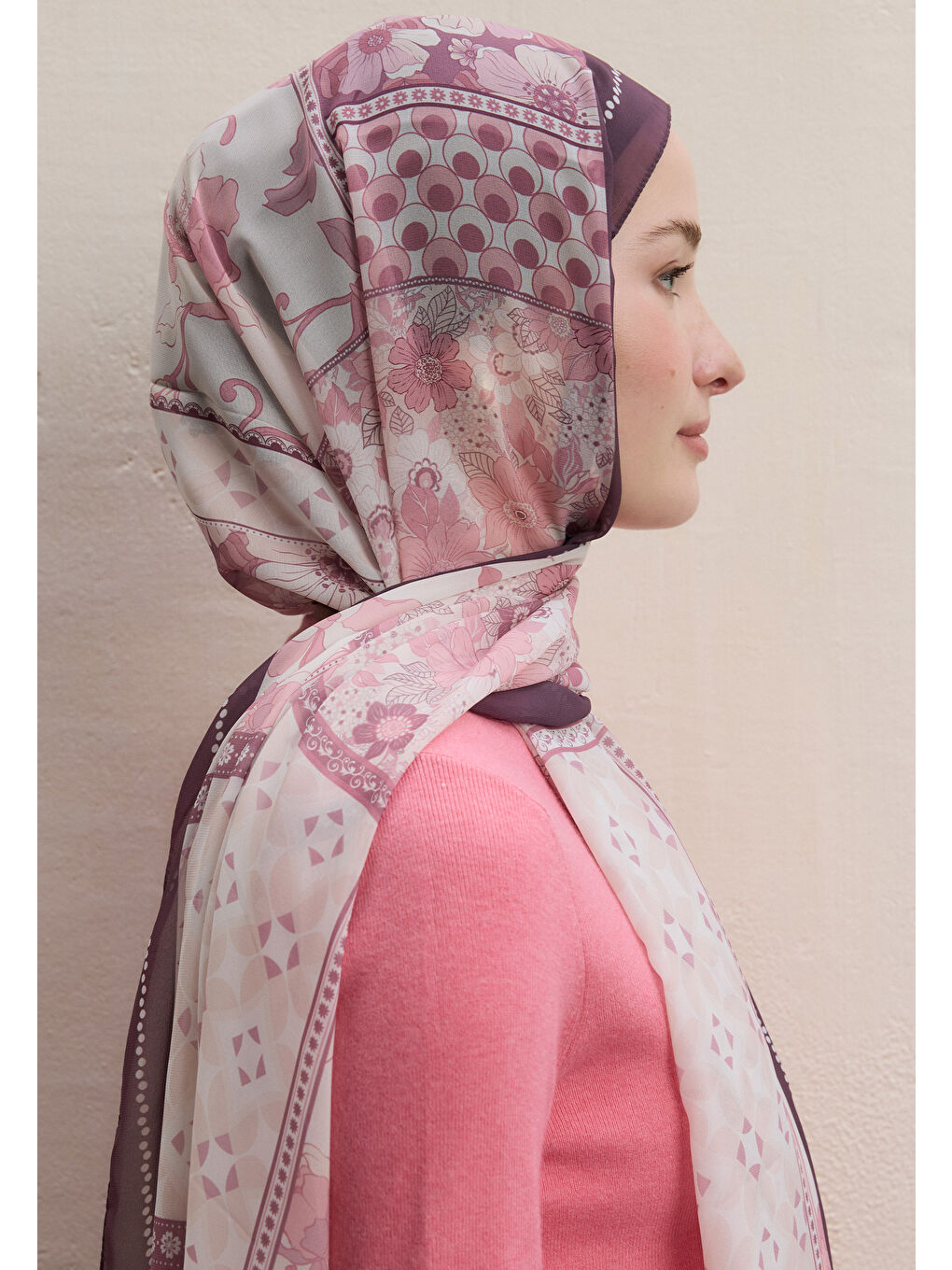 Pembe Wıld Botanıcal Desen İpek Krep Şal Gülkurusu-3