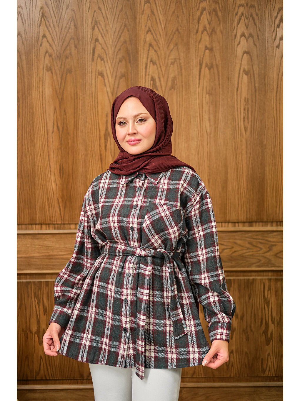 Kadın Ekose Desen Gömlek Yeşil-1