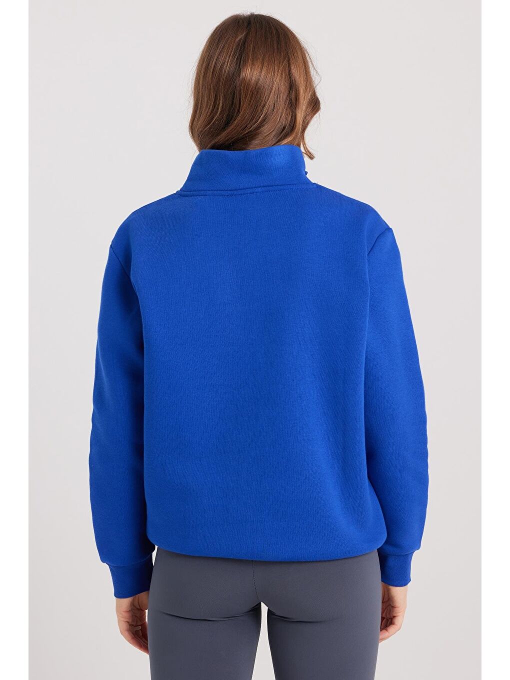 Kadın Relax Fit Rahat Kesim Pamuklu İçi Polarlı Yarım Fermuarlı Sax Mavi Dik Yaka Sweatshirt-6