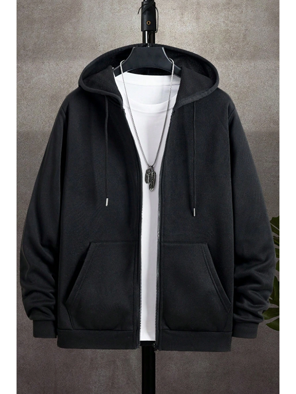 Unisex Relax Fit Rahat Kesim Pamuklu İçi Polarlı Çift Cepli Fermuarlı Siyah Kapüşonlu Sweatshirt