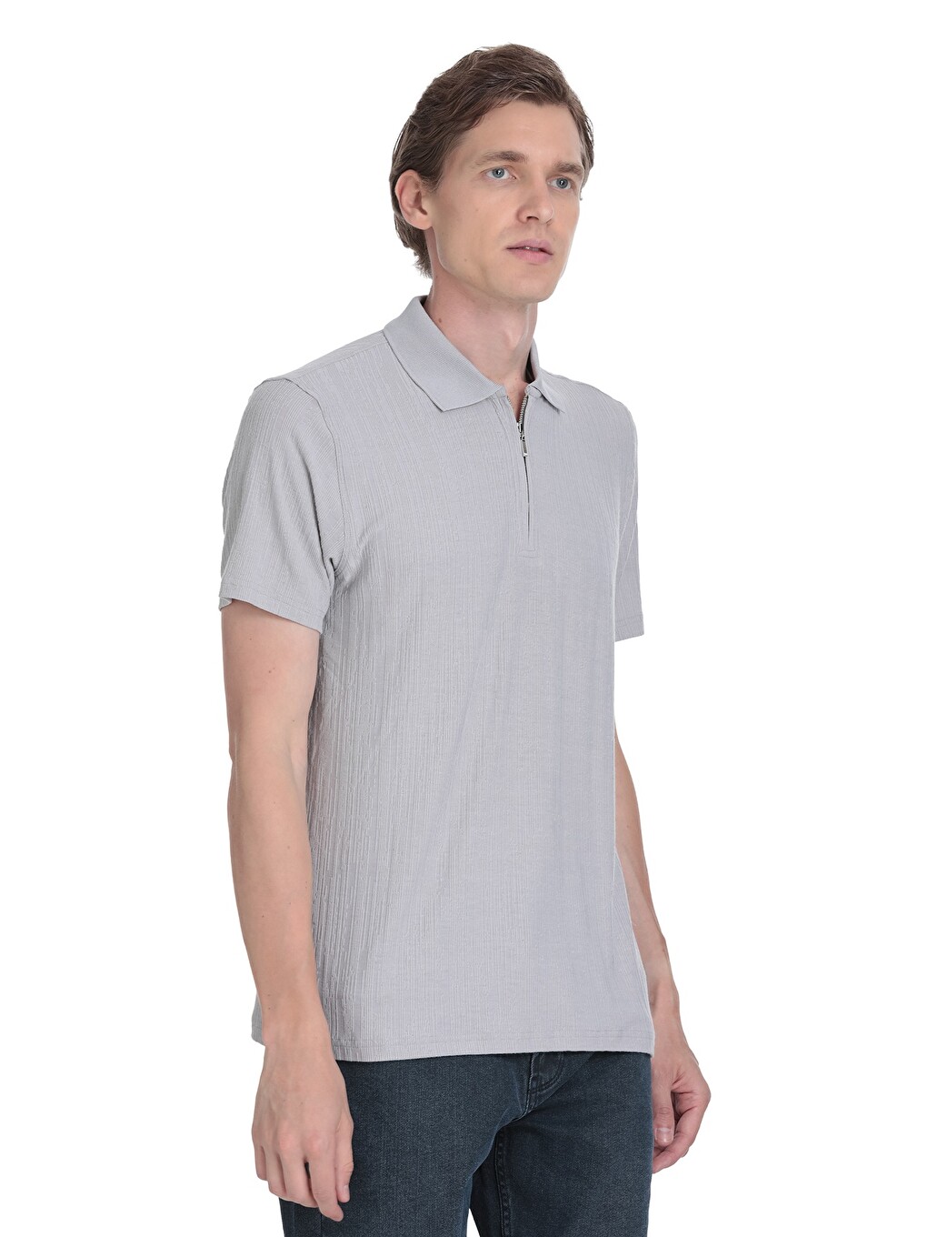 Gri Regular Fit Fermuarlı Polo Yaka Tişört
