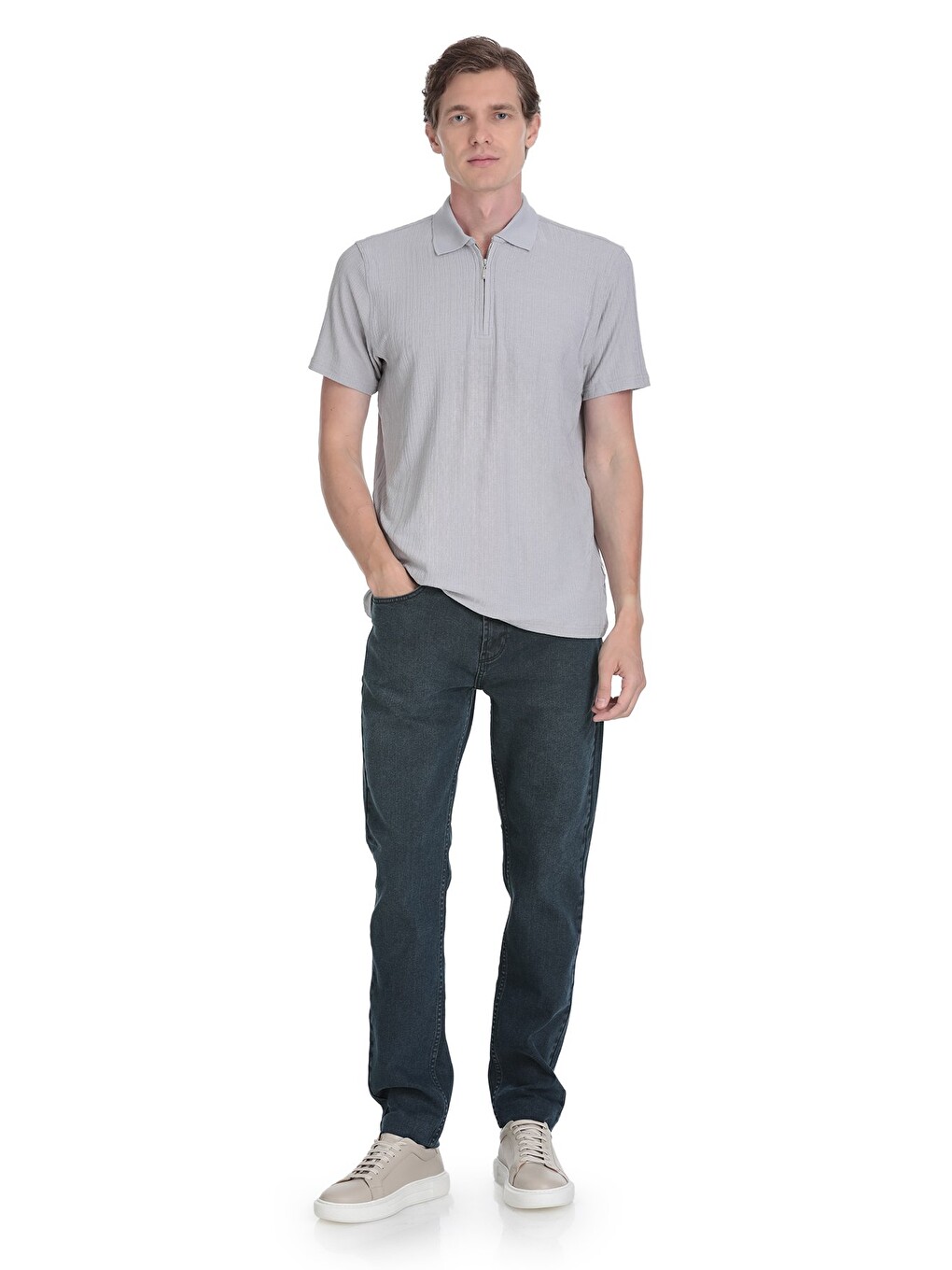 Gri Regular Fit Fermuarlı Polo Yaka Tişört-1