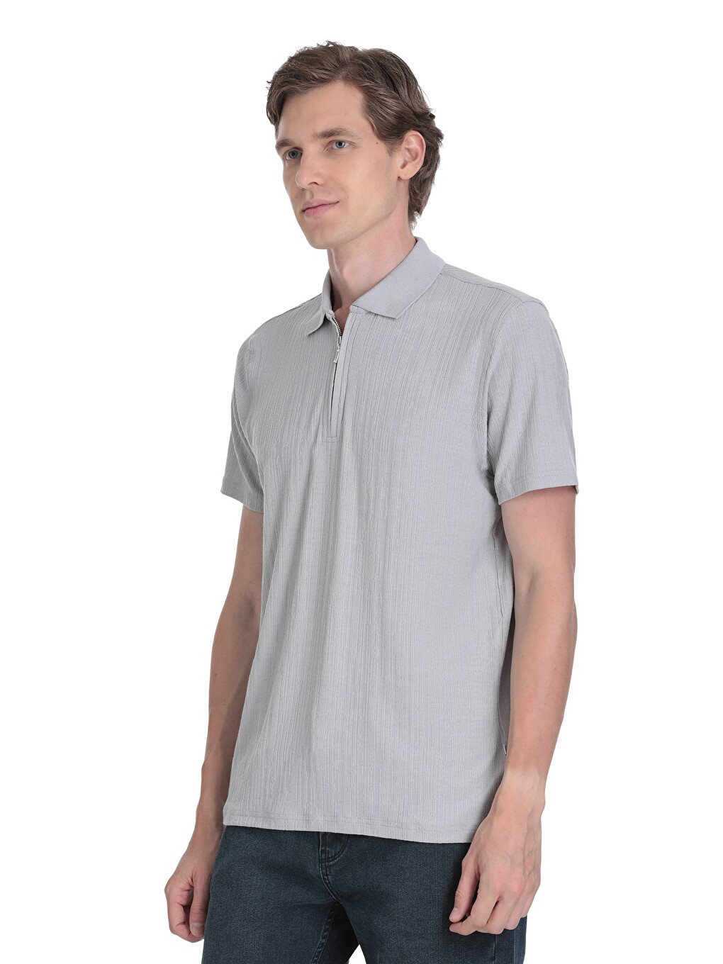 Gri Regular Fit Fermuarlı Polo Yaka Tişört-2