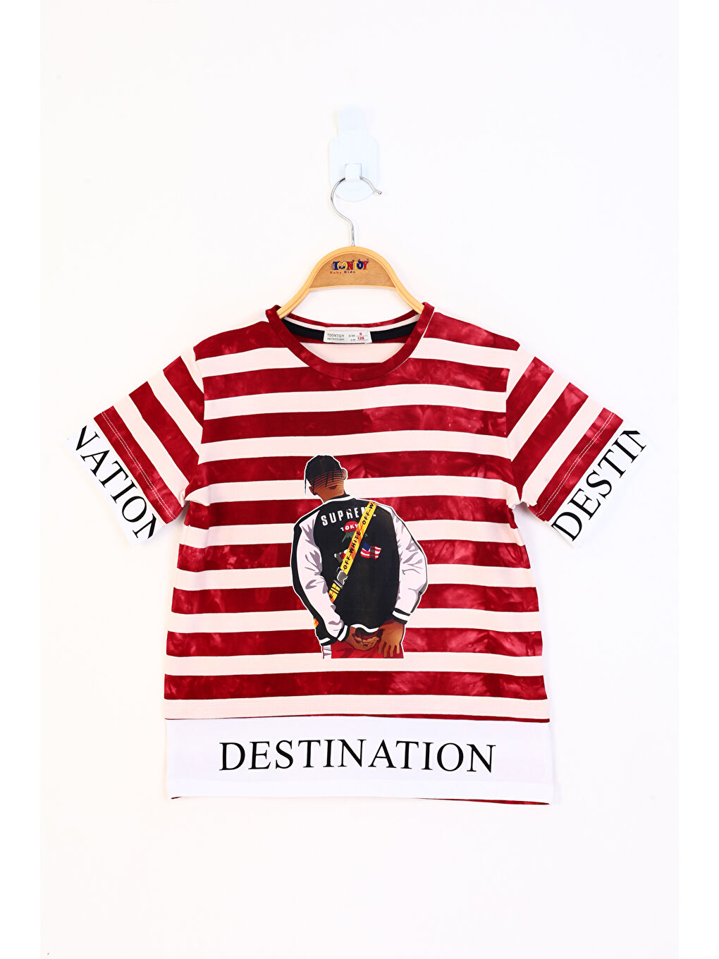 Kırmızı Erkek Çocuk Komple Çizgi Desenli Baskılı Tişört-1