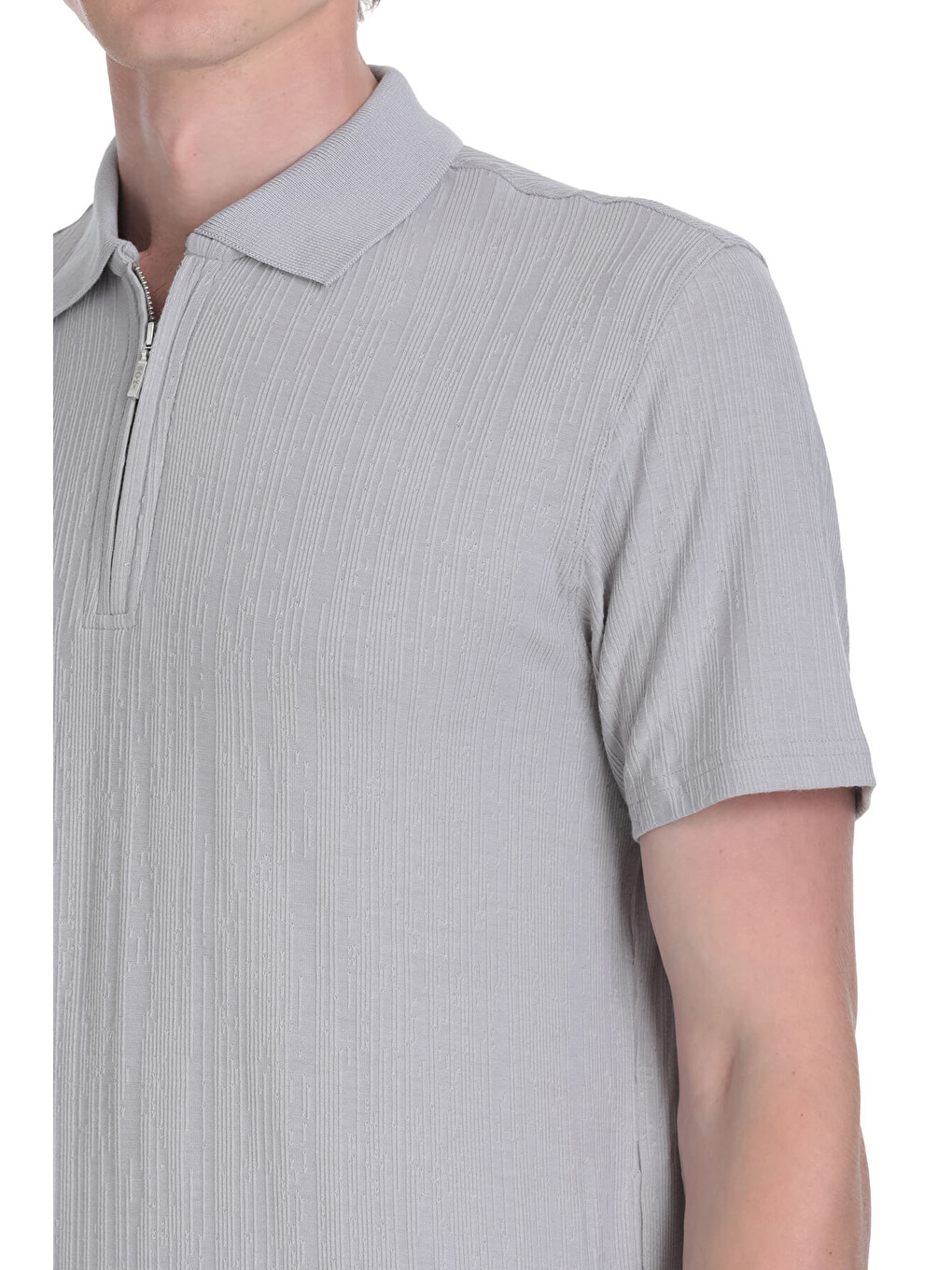 Gri Regular Fit Fermuarlı Polo Yaka Tişört-3