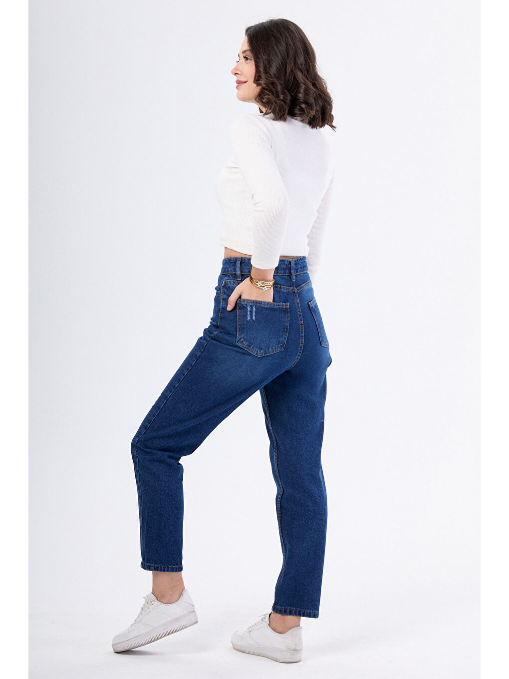 Yüksek Bel Mom Jeans Koyu Mavi - 23668-3