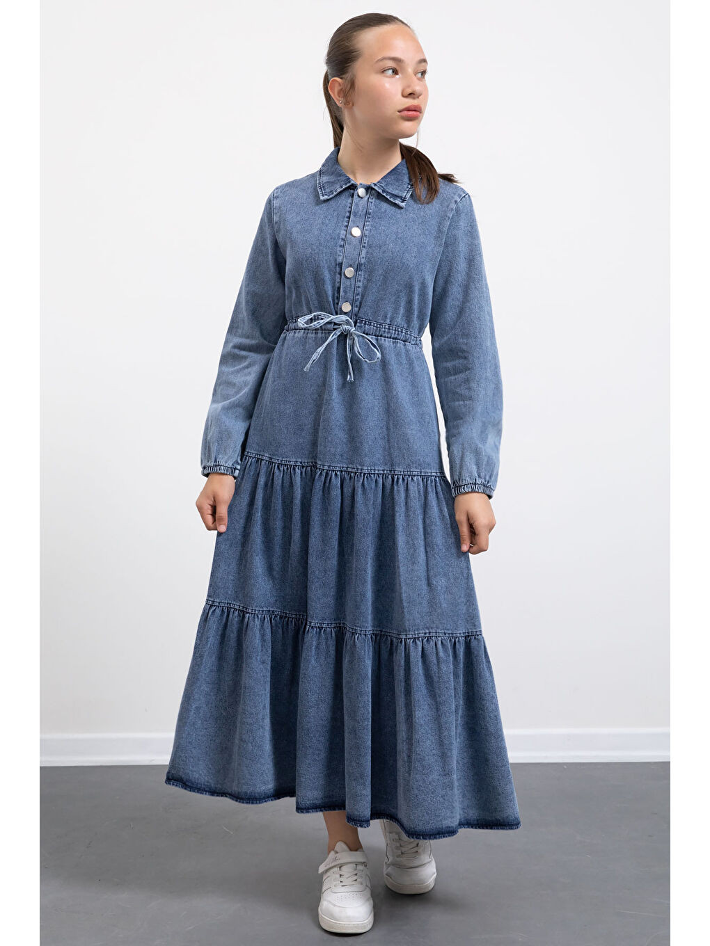 Koyu Mavi Uzun Kesim Kuşaklı Kız Çocuk Pileli Jean Elbise 21137