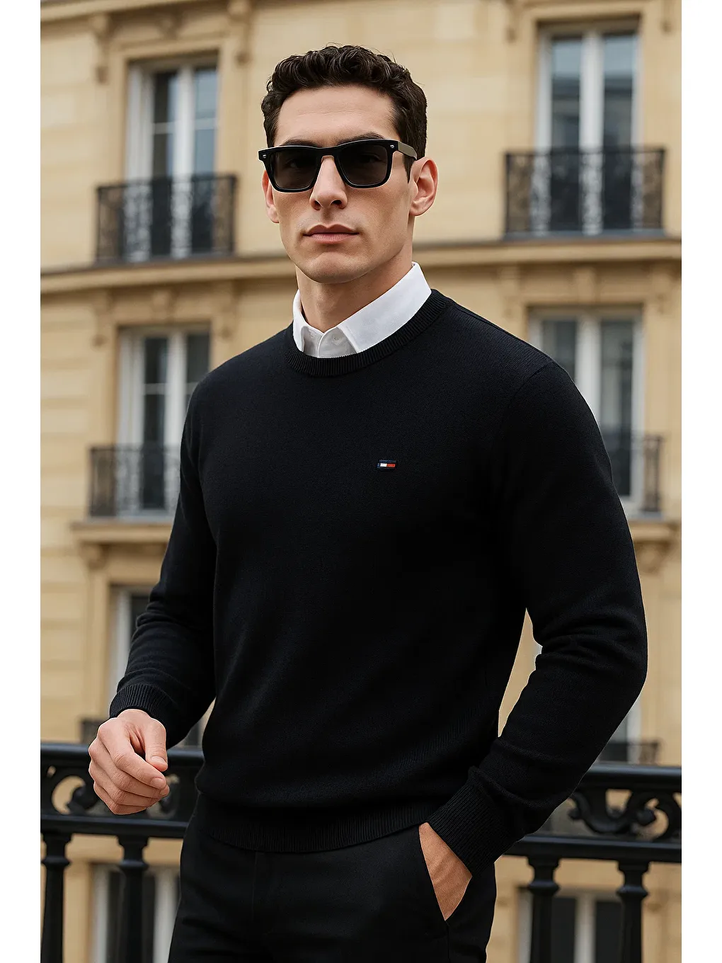 Erkek Kışlık Günlük Bisiklet Yaka Siyah Kazak-1