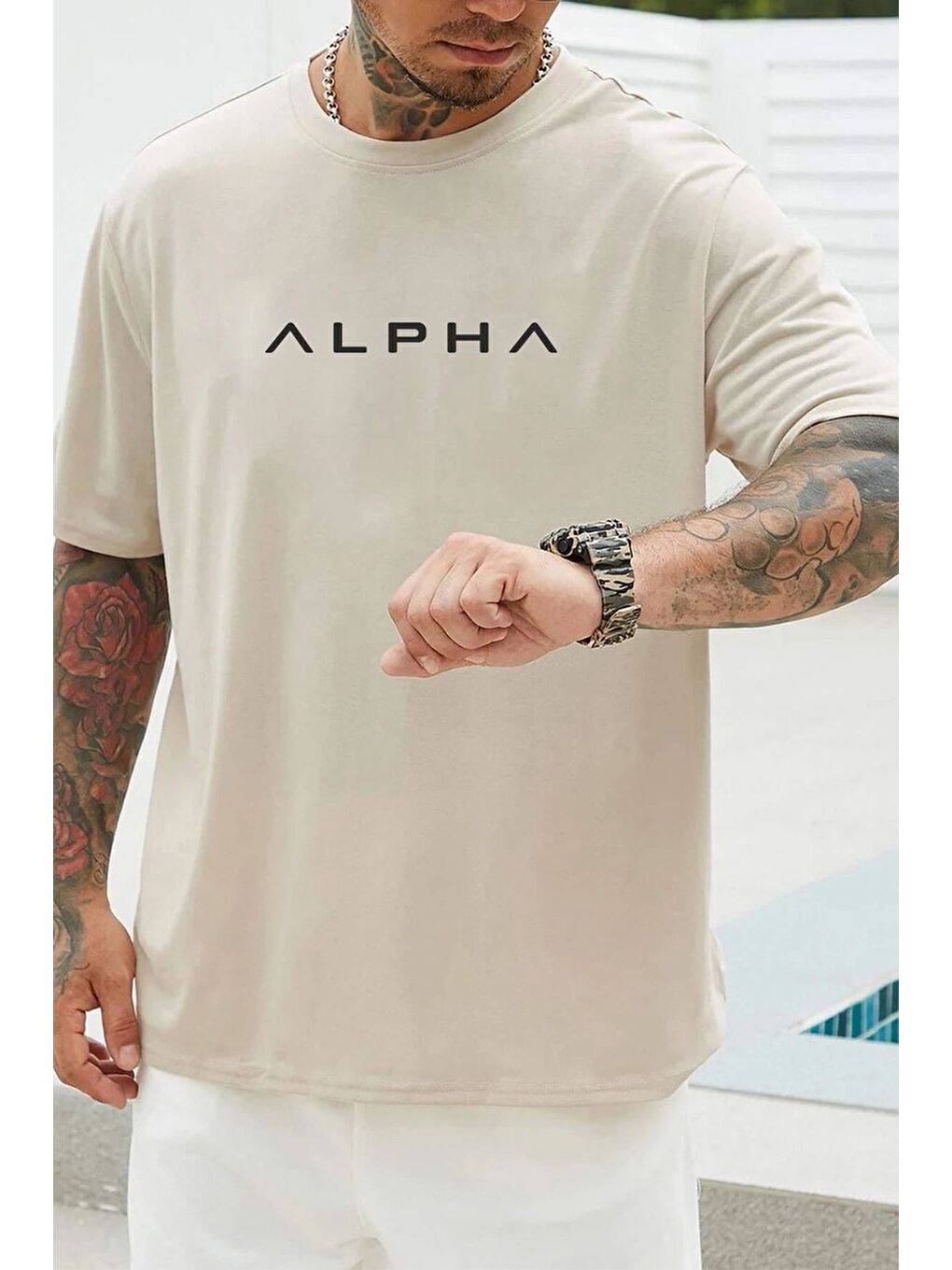 uyguntarz Bej Unisex Alpha Baskılı T-shirt