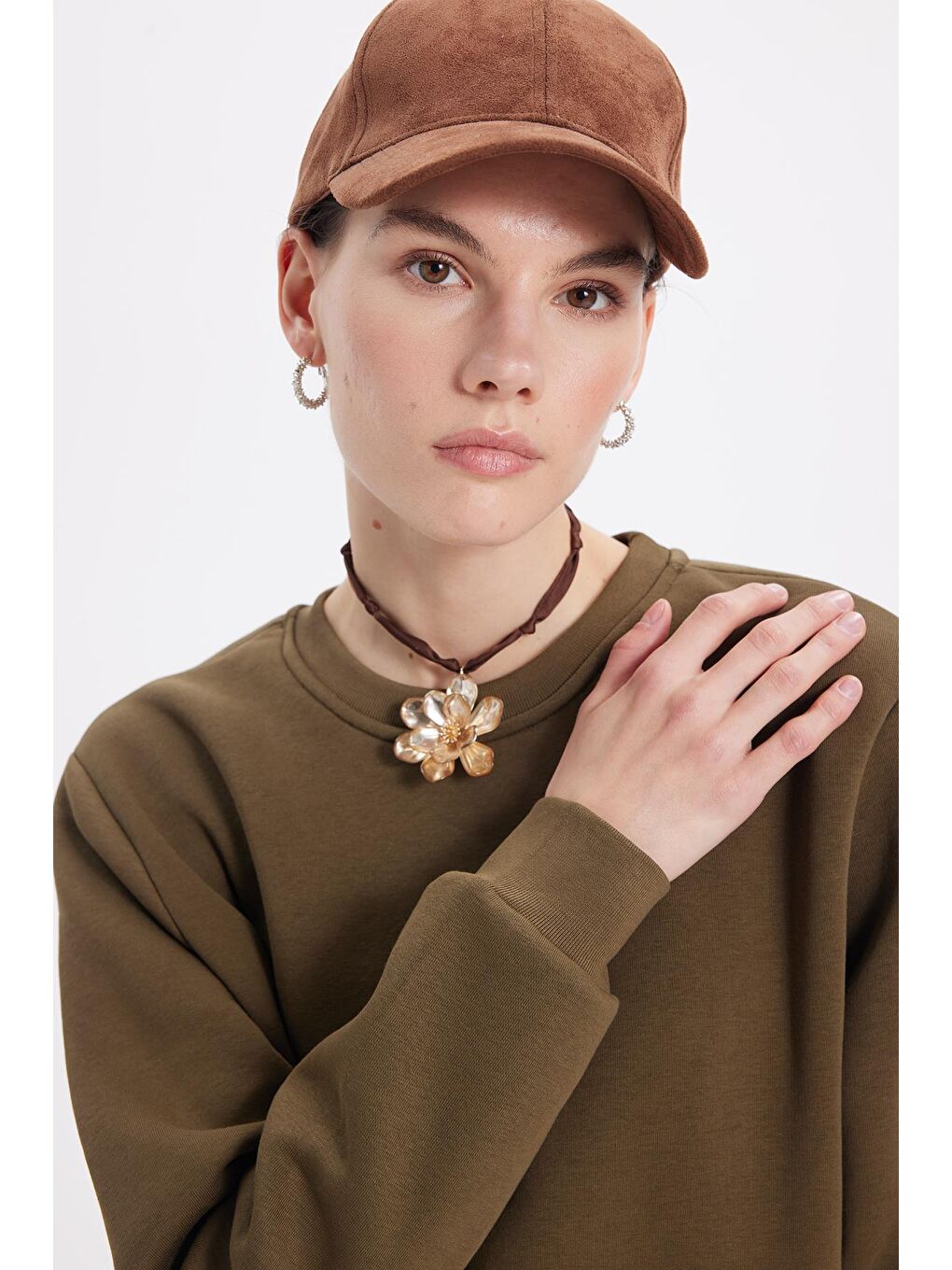 Kadın Oversize Geniş Kesim Pamuklu 3 İplik İçi Polarlı Basic Yeşil Bisiklet Yaka Sweatshirt-1